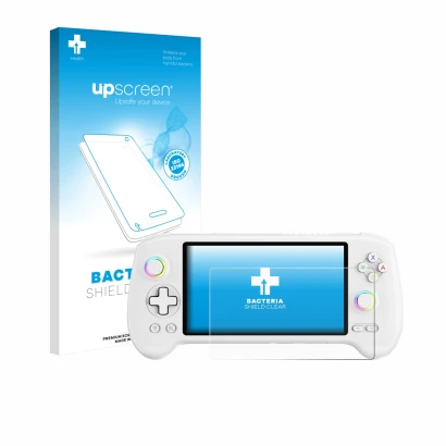 Parte frontale di una confezione del prodotto con il logo del marchio upscreen. Accanto è raffigurato il dispositivo Anbernic