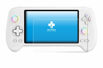 Immagine del dispositivo Anbernic RG557 con un'ampia varietà di protezioni per lo schermo.