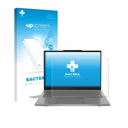 Parte frontale di una confezione del prodotto con il logo del marchio upscreen. Accanto è raffigurato il dispositivo Lenovo Th