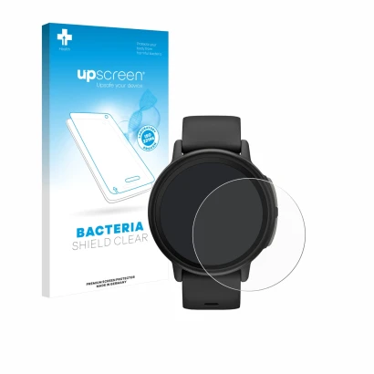 Parte frontale di una confezione del prodotto con il logo del marchio upscreen. Accanto è raffigurato il dispositivo Garmin Bo