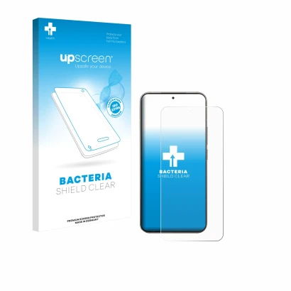 Parte frontale di una confezione del prodotto con il logo del marchio upscreen. Accanto è raffigurato il dispositivo Xiaomi 15