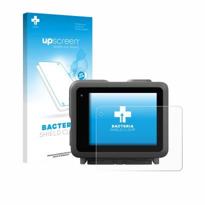 Parte frontale di una confezione del prodotto con il logo del marchio upscreen. Accanto è raffigurato il dispositivo GoPro Lit