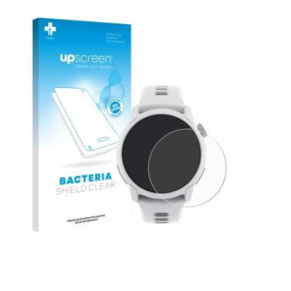 Parte frontale di una confezione del prodotto con il logo del marchio upscreen. Accanto è raffigurato il dispositivo Coros Pac