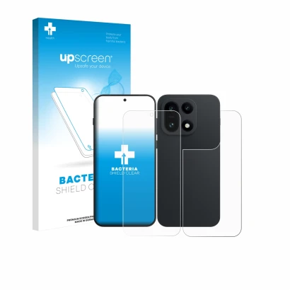 Parte frontale di una confezione del prodotto con il logo del marchio upscreen. Accanto è raffigurato il dispositivo OnePlus 1