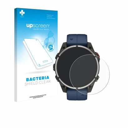 Parte frontale di una confezione del prodotto con il logo del marchio upscreen. Accanto è raffigurato il dispositivo Garmin qu