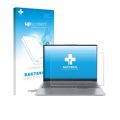 Parte frontale di una confezione del prodotto con il logo del marchio upscreen. Accanto è raffigurato il dispositivo Lenovo Th