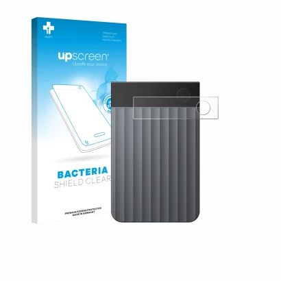 Parte frontale di una confezione del prodotto con il logo del marchio upscreen. Accanto è raffigurato il dispositivo PLAUD Not