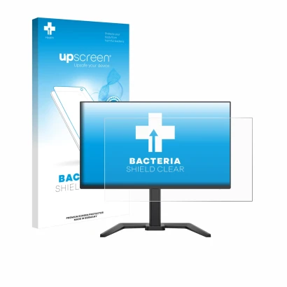 Parte frontale di una confezione del prodotto con il logo del marchio upscreen. Accanto è raffigurato il dispositivo Iiyama G-