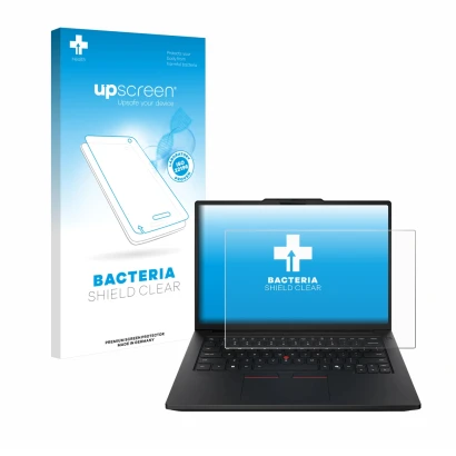 Parte frontale di una confezione del prodotto con il logo del marchio upscreen. Accanto è raffigurato il dispositivo Lenovo Th