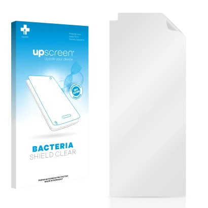 Parte frontale di una confezione del prodotto con il logo del marchio upscreen. Accanto si trova la protezione per lo schermo 