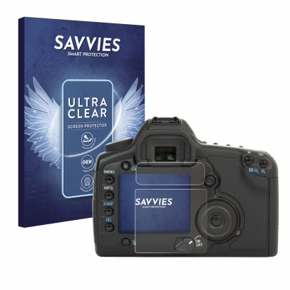 Parte frontale di una confezione del prodotto con il logo del marchio Savvies. Accanto è raffigurato il dispositivo Canon EOS 