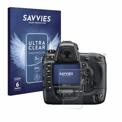 Parte frontale di una confezione del prodotto con il logo del marchio Savvies. Accanto è raffigurato il dispositivo Nikon D3S 