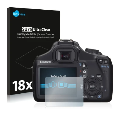 Parte frontale di una confezione del prodotto con il logo del marchio Savvies. Accanto è raffigurato il dispositivo Canon EOS 