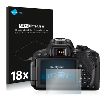 Parte frontale di una confezione del prodotto con il logo del marchio Savvies. Accanto è raffigurato il dispositivo Canon EOS 