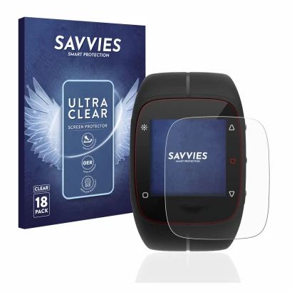 Parte frontale di una confezione del prodotto con il logo del marchio Savvies. Accanto è raffigurato il dispositivo Polar M400