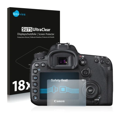 Parte frontale di una confezione del prodotto con il logo del marchio Savvies. Accanto è raffigurato il dispositivo Canon EOS 
