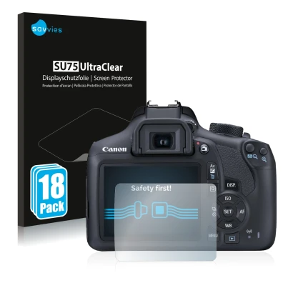 Parte frontale di una confezione del prodotto con il logo del marchio Savvies. Accanto è raffigurato il dispositivo Canon EOS 