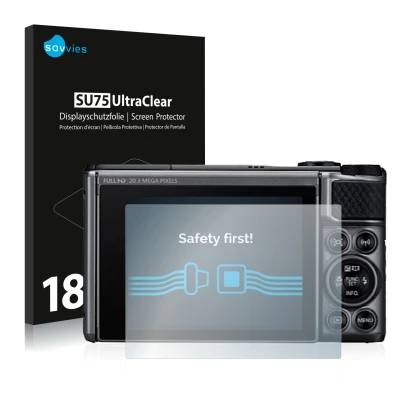 Parte frontale di una confezione del prodotto con il logo del marchio Savvies. Accanto è raffigurato il dispositivo Canon Powe