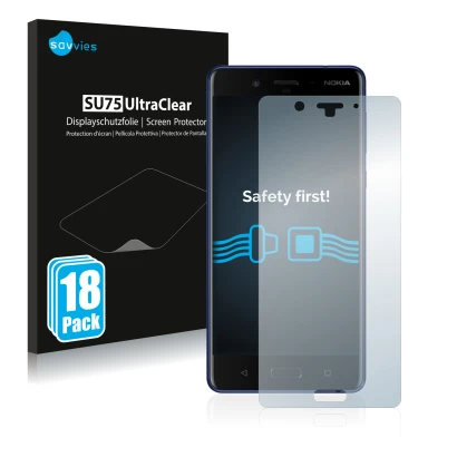 Parte frontale di una confezione del prodotto con il logo del marchio Savvies. Accanto è raffigurato il dispositivo Nokia 8 co