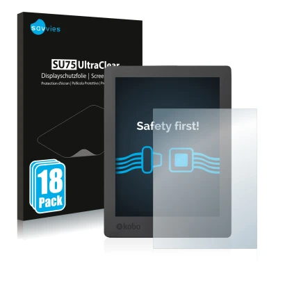 Parte frontale di una confezione del prodotto con il logo del marchio Savvies. Accanto è raffigurato il dispositivo Kobo Aura 