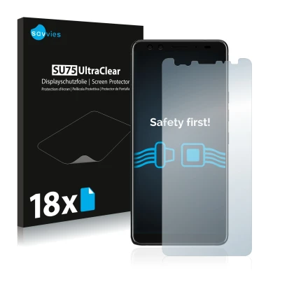 Parte frontale di una confezione del prodotto con il logo del marchio Savvies. Accanto è raffigurato il dispositivo HTC U12 Pl