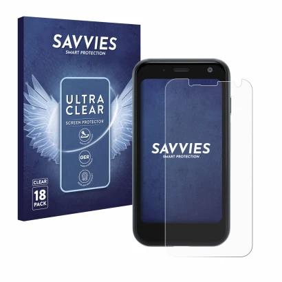 Parte frontale di una confezione del prodotto con il logo del marchio Savvies. Accanto è raffigurato il dispositivo Palm Mini 