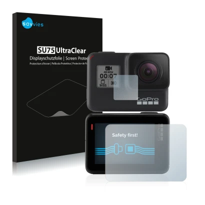 Parte frontale di una confezione del prodotto con il logo del marchio Savvies. Accanto è raffigurato il dispositivo GoPro Hero