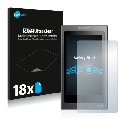 Parte frontale di una confezione del prodotto con il logo del marchio Savvies. Accanto è raffigurato il dispositivo Sony Walkm