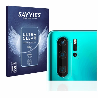 Parte frontale di una confezione del prodotto con il logo del marchio Savvies. Accanto è raffigurato il dispositivo Huawei P30