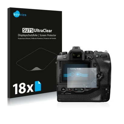 Parte frontale di una confezione del prodotto con il logo del marchio Savvies. Accanto è raffigurato il dispositivo Olympus OM