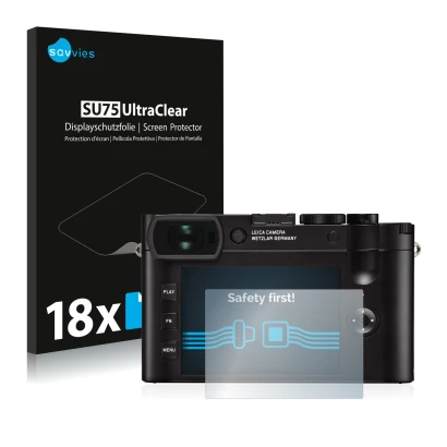 Parte frontale di una confezione del prodotto con il logo del marchio Savvies. Accanto è raffigurato il dispositivo Leica Q2 c