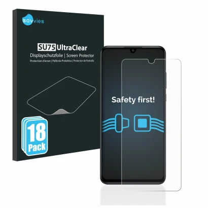 Parte frontale di una confezione del prodotto con il logo del marchio Savvies. Accanto è raffigurato il dispositivo Huawei P30