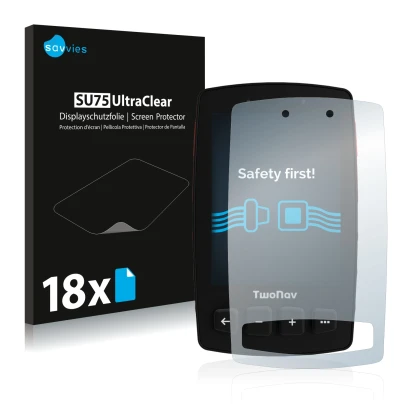 Parte frontale di una confezione del prodotto con il logo del marchio Savvies. Accanto è raffigurato il dispositivo TwoNav Tra