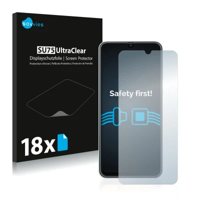 Parte frontale di una confezione del prodotto con il logo del marchio Savvies. Accanto è raffigurato il dispositivo Samsung Ga