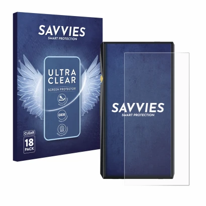 Parte frontale di una confezione del prodotto con il logo del marchio Savvies. Accanto è raffigurato il dispositivo FiiO M11 P