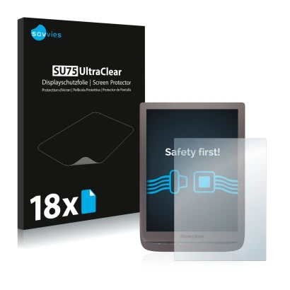 Parte frontale di una confezione del prodotto con il logo del marchio Savvies. Accanto è raffigurato il dispositivo PocketBook