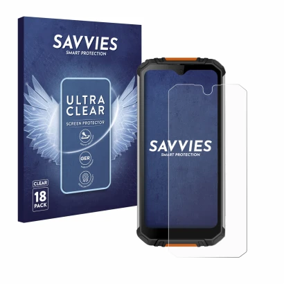 Parte frontale di una confezione del prodotto con il logo del marchio Savvies. Accanto è raffigurato il dispositivo Oukitel WP