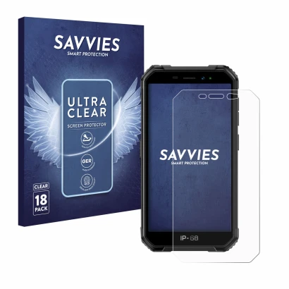 Parte frontale di una confezione del prodotto con il logo del marchio Savvies. Accanto è raffigurato il dispositivo Ulefone Ar