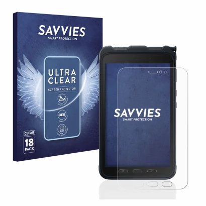 Parte frontale di una confezione del prodotto con il logo del marchio Savvies. Accanto è raffigurato il dispositivo Samsung Ga