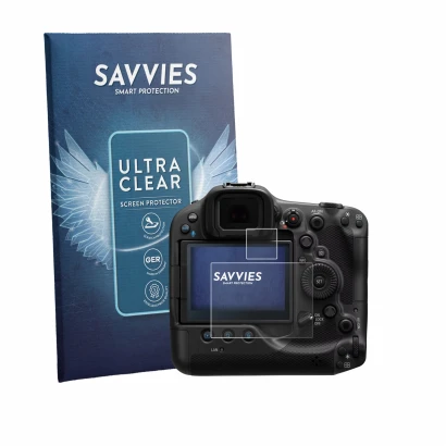 Parte frontale di una confezione del prodotto con il logo del marchio Savvies. Accanto è raffigurato il dispositivo Canon EOS 