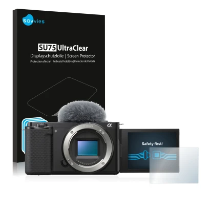 Parte frontale di una confezione del prodotto con il logo del marchio Savvies. Accanto è raffigurato il dispositivo Sony Alpha