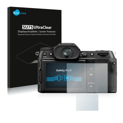 Parte frontale di una confezione del prodotto con il logo del marchio Savvies. Accanto è raffigurato il dispositivo Fujifilm G