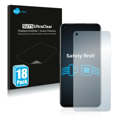 Parte frontale di una confezione del prodotto con il logo del marchio Savvies. Accanto è raffigurato il dispositivo realme 8i 