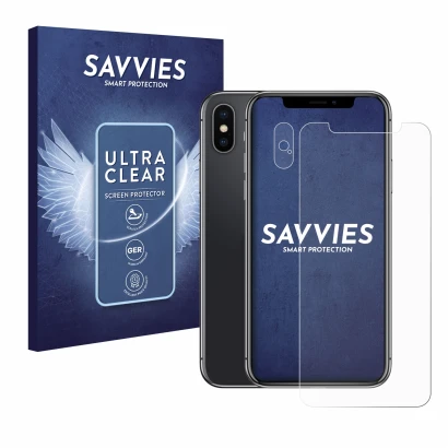 Parte frontale di una confezione del prodotto con il logo del marchio Savvies. Accanto è raffigurato il dispositivo Apple iPho