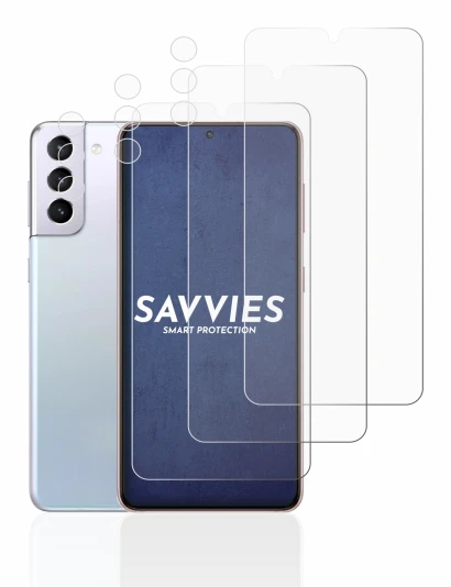 Immagine del dispositivo Samsung Galaxy S21 5G (Fronte+Fotocamera) con un'ampia varietà di protezioni per lo schermo.