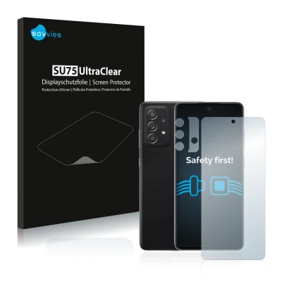 Parte frontale di una confezione del prodotto con il logo del marchio Savvies. Accanto è raffigurato il dispositivo Samsung Ga