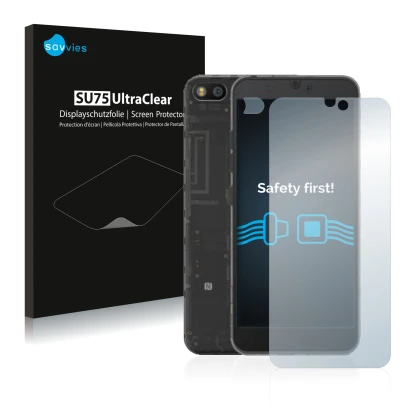 Parte frontale di una confezione del prodotto con il logo del marchio Savvies. Accanto è raffigurato il dispositivo Fairphone 