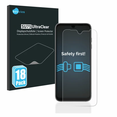 Parte frontale di una confezione del prodotto con il logo del marchio Savvies. Accanto è raffigurato il dispositivo Fairphone 