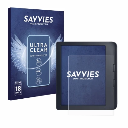 Parte frontale di una confezione del prodotto con il logo del marchio Savvies. Accanto è raffigurato il dispositivo Kobo Libra