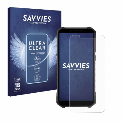 Parte frontale di una confezione del prodotto con il logo del marchio Savvies. Accanto è raffigurato il dispositivo Ulefone Ar
